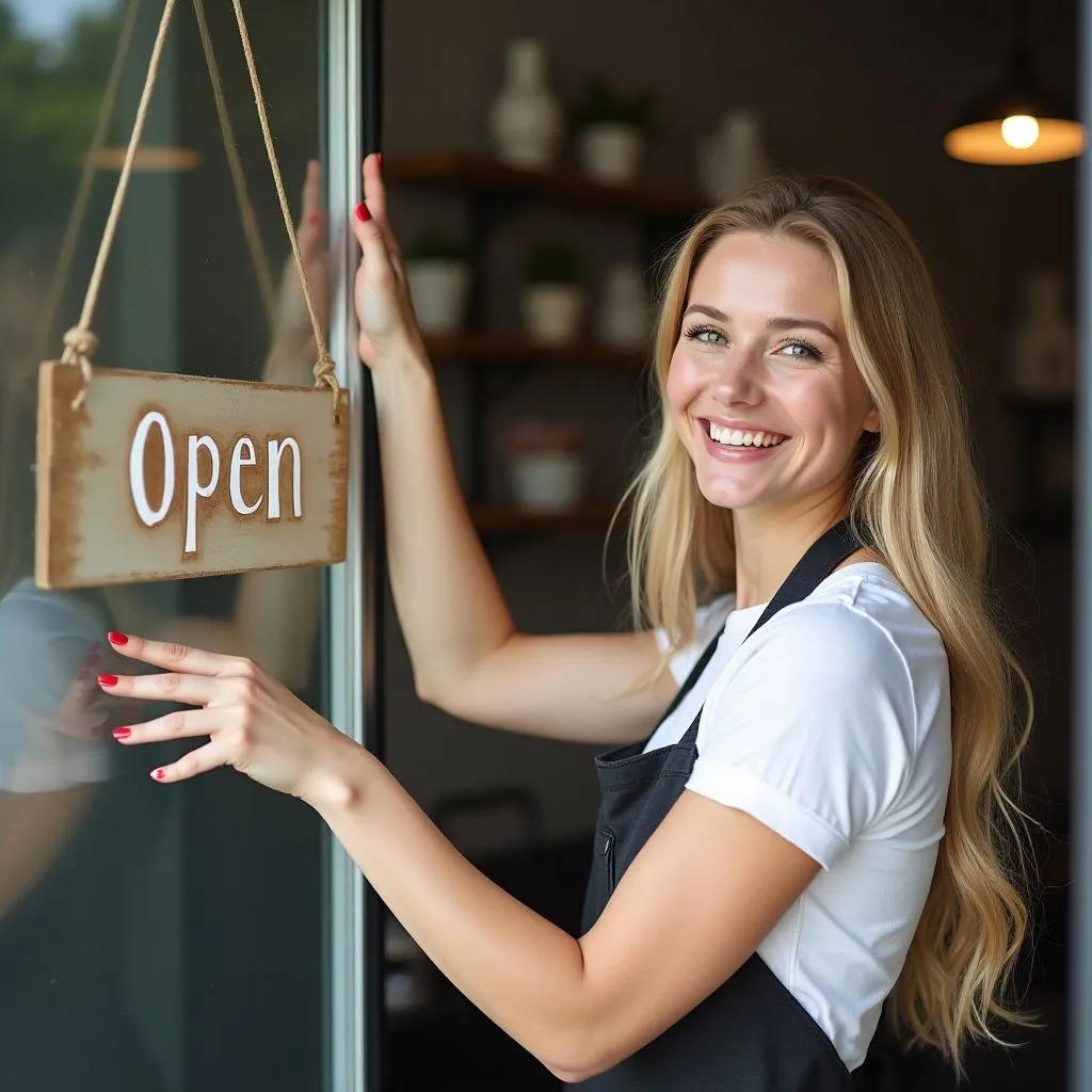 Small business owner welcoming customers with AI receptionist service